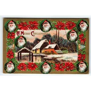 Christmas Postcard Country Cabin Snow Covered 1910 Santa Claus Decals On Front
